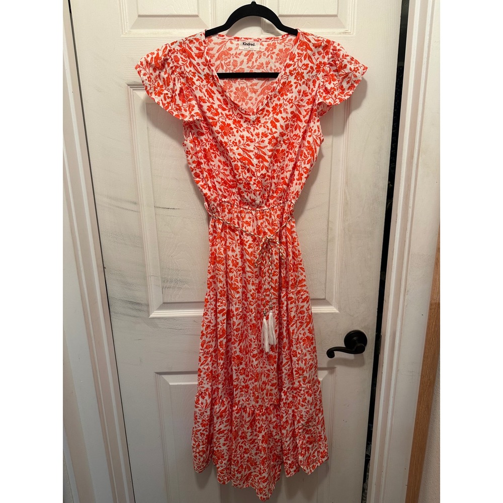 Kindred Orange White Floral Flutter Sleeve Midi Dress Tassel Belt Size S